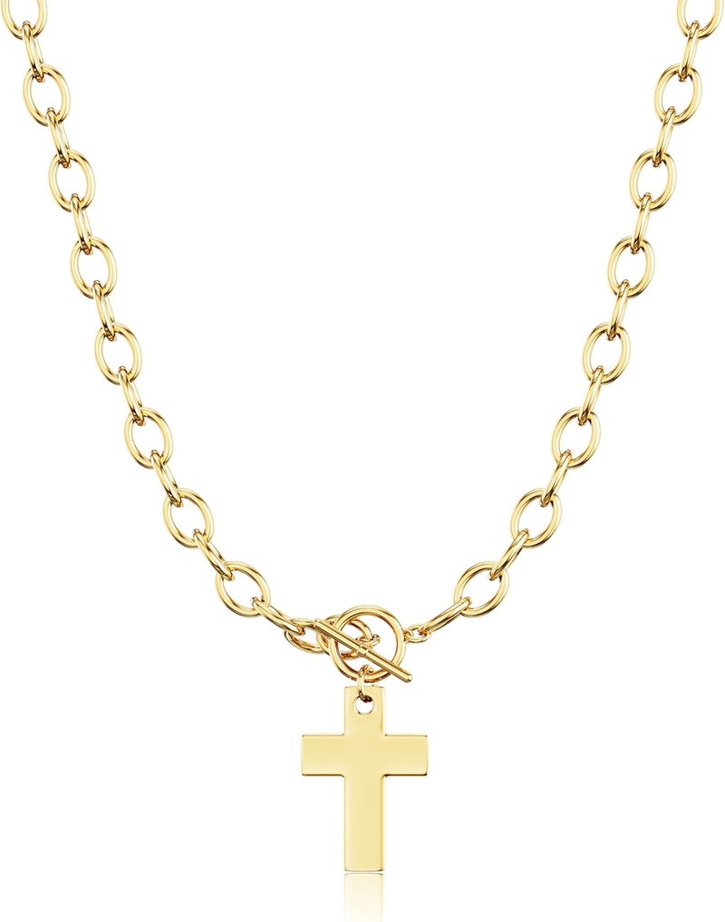 Moodear Cross Necklace for Women Trendy Chunky 14K Gold Plated/Silver Plated Cross Pendant Necklace Toggle Clasp Paperclip Chain Dainty Charm Necklace Fashion Religious Simple Jewelry Christian Gifts for Women - Image 1